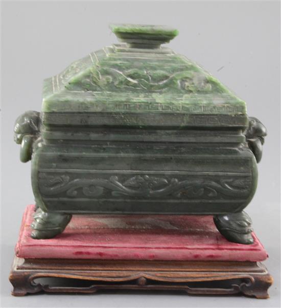 A Chinese spinach green jade fang ding censer and cover